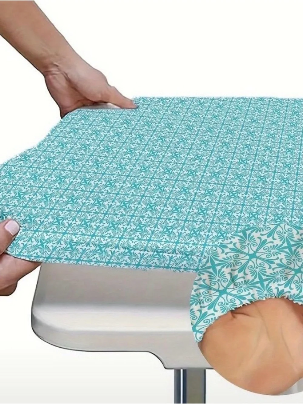 Aqua Tile-Print Stretchy Fitted 6ft Table Cover - Home Dining Table Linen